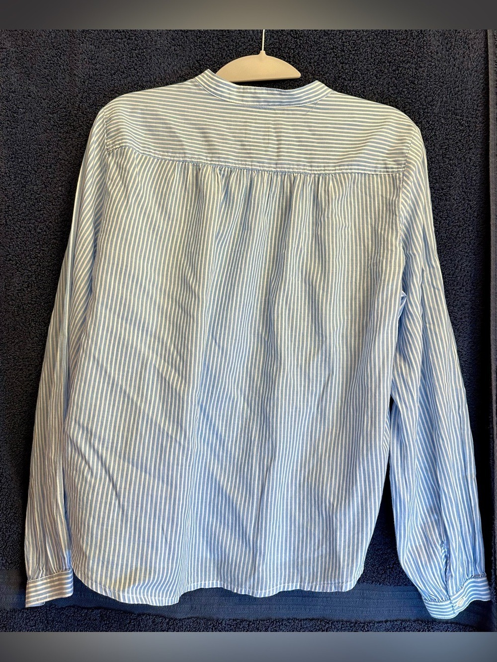 GAP Shirred Popover 100% Cotton Shirt, Light Blue and White Striped Long Sleeve - Picture 5 of 9